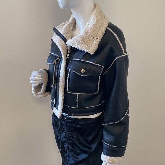 Blank NYC Black Faux Leather Sherpa Lined Oversized Coat Flying Squad Nordstrom - Picture 6 of 9